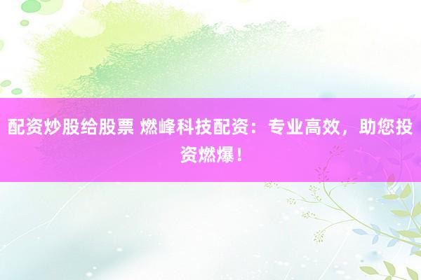 配资炒股给股票 燃峰科技配资：专业高效，助您投资燃爆！