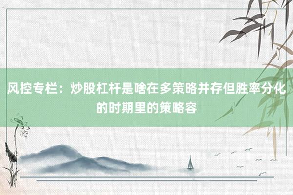 风控专栏：炒股杠杆是啥在多策略并存但胜率分化的时期里的策略容